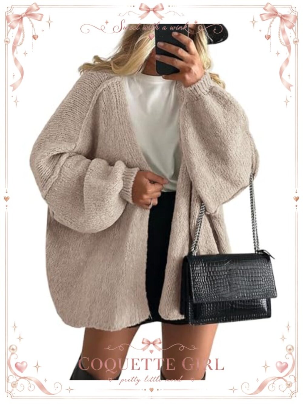 Oversized Open Front Cardigan Women Lantern Sleeve Knit Sweater